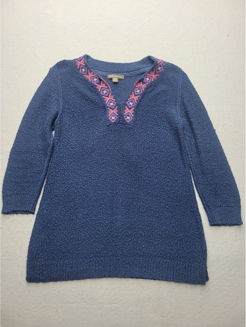 Tommy Bahama Women's Sweater Medium Blue Tunic Long Sleeve Tribal 100% Cotton